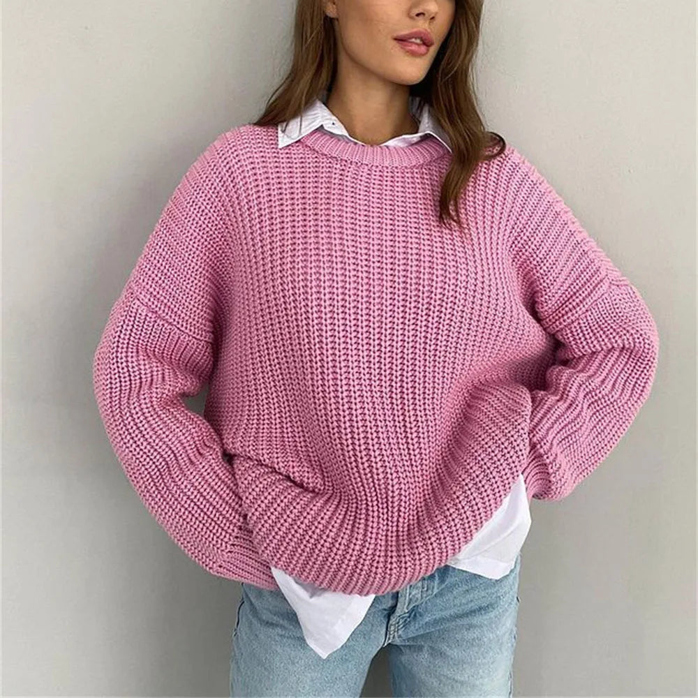 Casual O-neck Long Sleeve Sweater - Pink / L