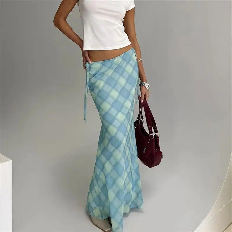 Casual Plaid Bandage Split Mesh Skirt