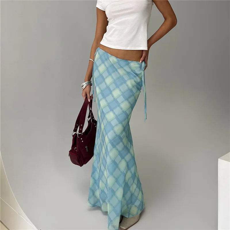 Casual Plaid Bandage Split Mesh Skirt - Blue / S