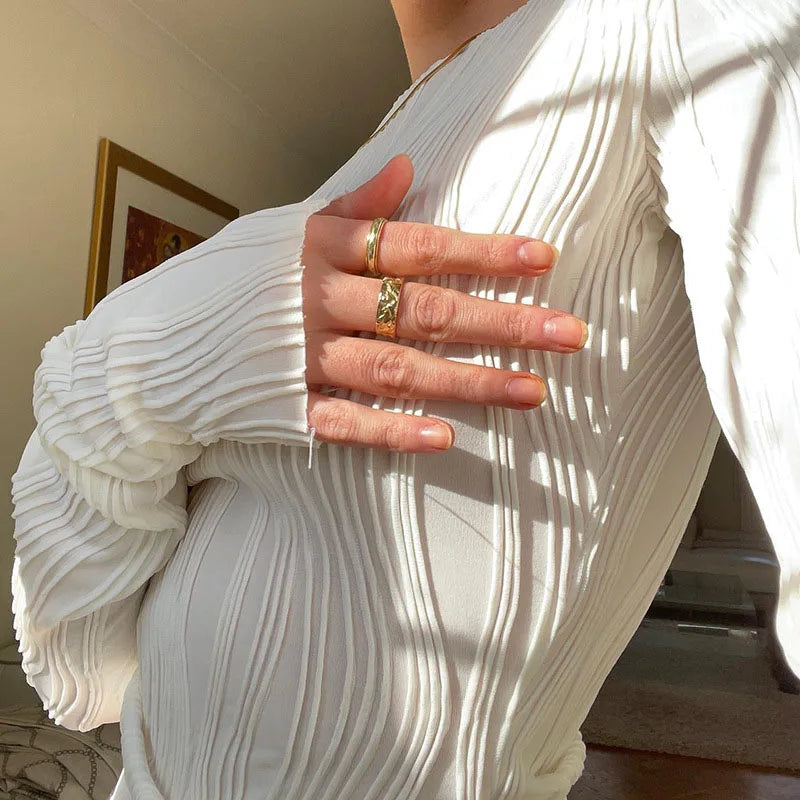 Casual Ruched Long Sleeve T-shirt Blouses Female White - Other