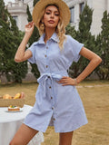 Casual Short Sleeve Striped Printed Dress - Blue / L - electronic accessories