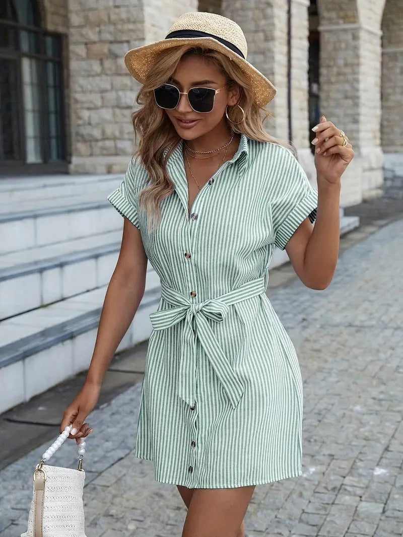 Casual Short Sleeve Striped Printed Dress - Green / L - electronic accessories