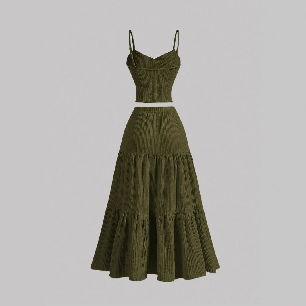 Casual Solid Color Ribbed Fit Vest Top And Ruched Hem A- Line Skirt - Other