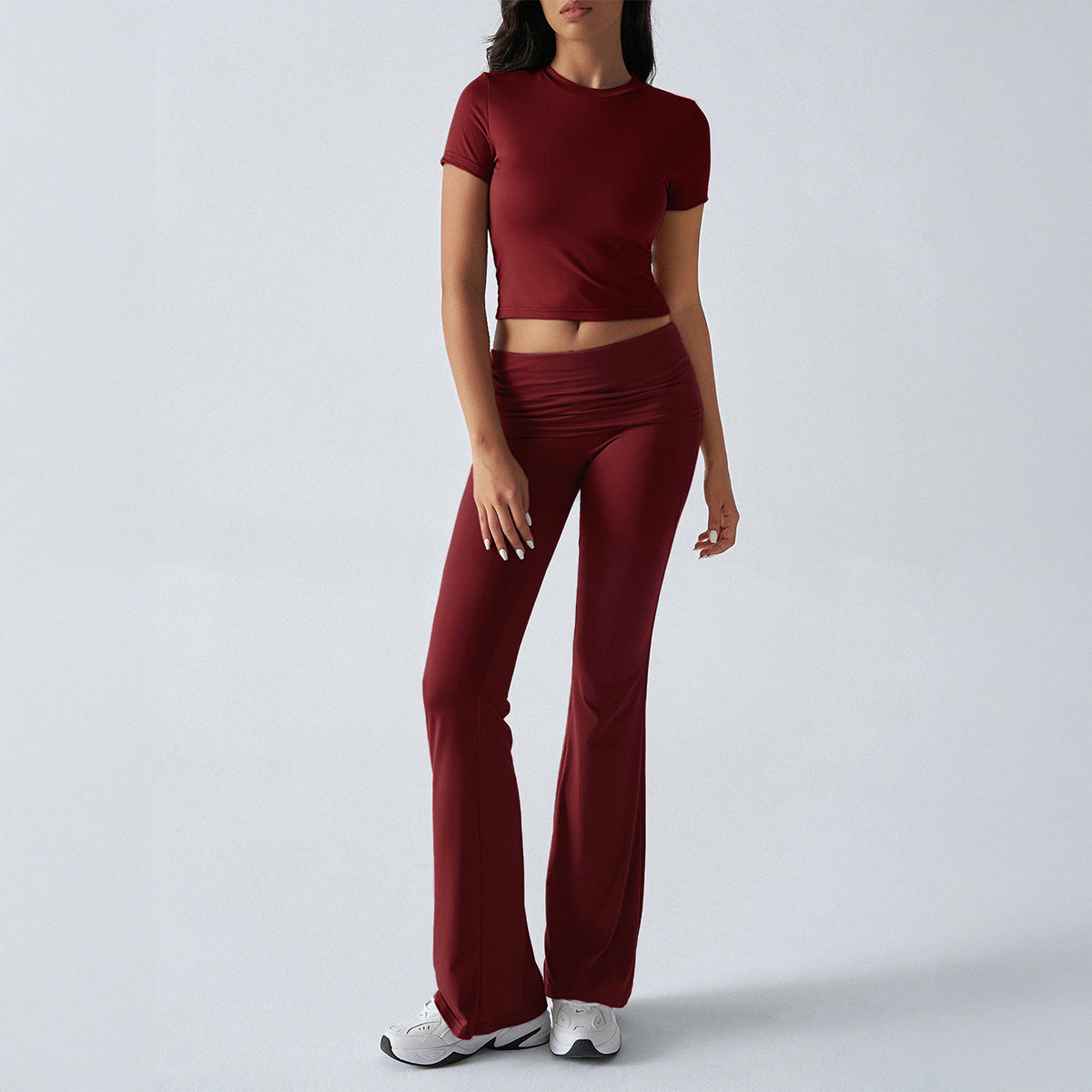 Casual Solid Color Slim Fit Short Sleeve Trousers Suit - Wine Red / L - Other