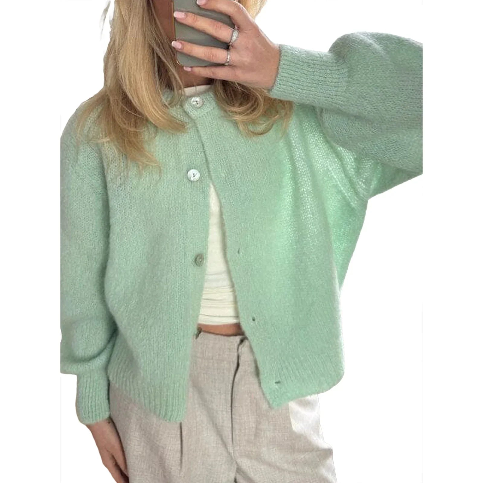 Casual Solid Knitted Single Breasted Cardigan For Women - green / S