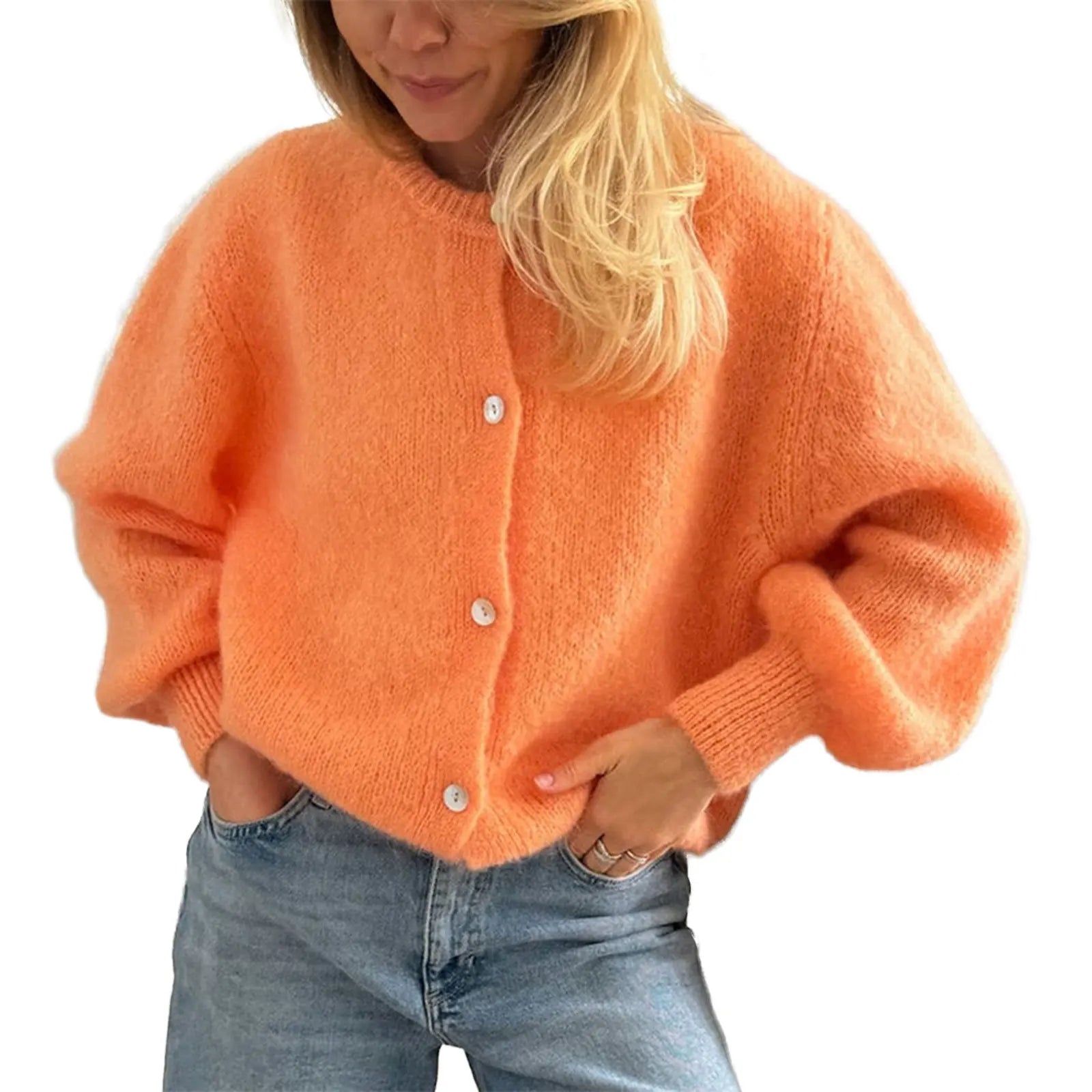 Casual Solid Knitted Single Breasted Cardigan For Women - Orange / S