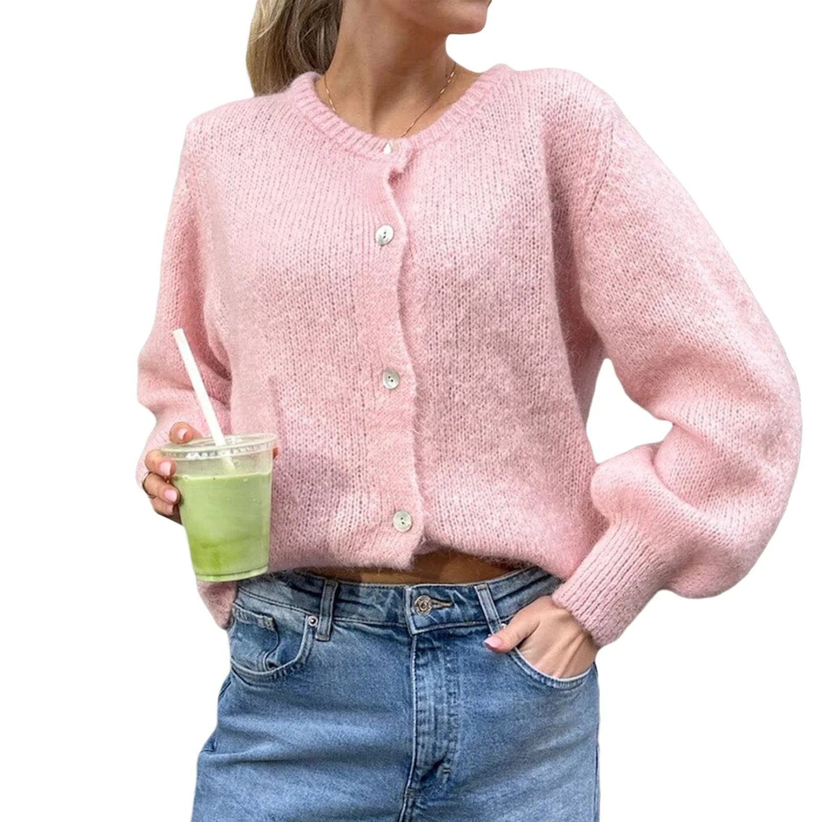 Casual Solid Knitted Single Breasted Cardigan For Women - Pink / S