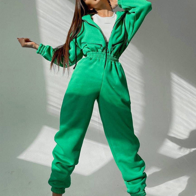 Casual Women Basic Hoodie Two Piece Sets Zipper Drawstring - Green / L - electronic accessories