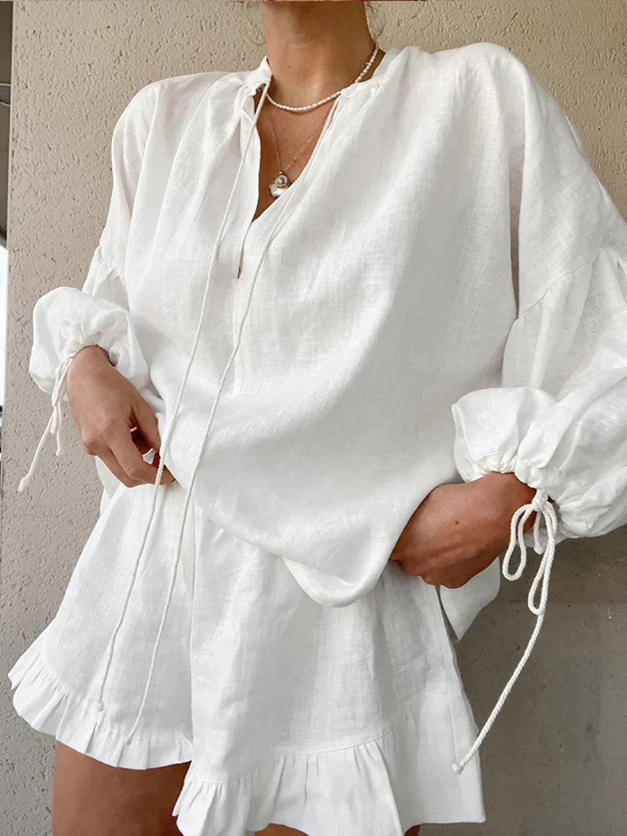 Casual Women Outfit Long Sleeve V-Neck Top with Tie-Up Detail and Elastic Waist Shorts Set