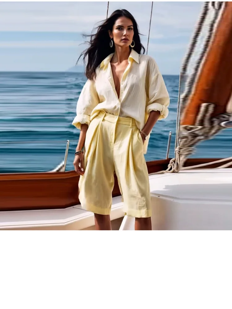 Casual Yellow Shirt Shorts Set Women