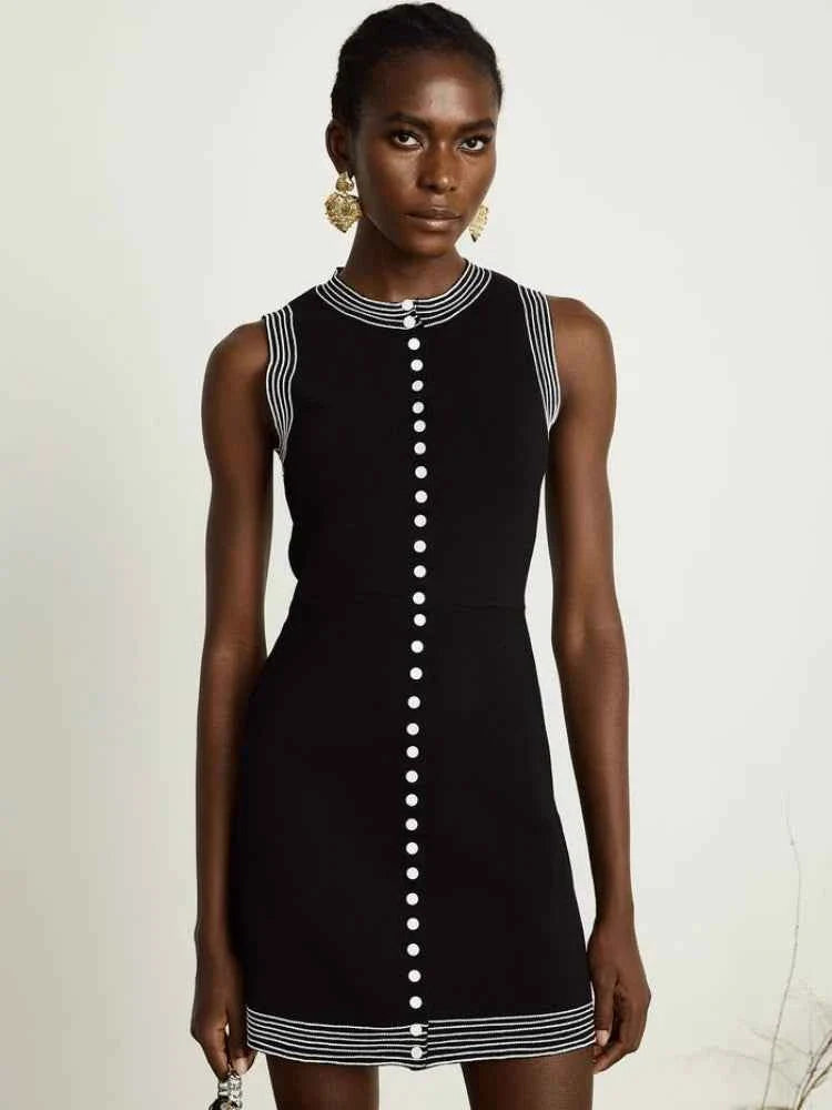 Causal Round Neck Single Row Button Sleeveless Slim Fit Women Dress