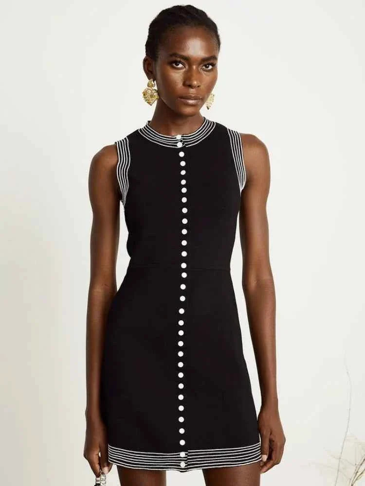 Causal Round Neck Single Row Button Sleeveless Slim Fit Women Dress