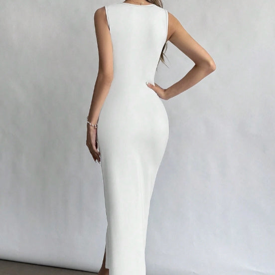 Women's Solid Color Sleeveless Generous Collar Slit Slim Fit Dress - Norellé