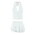 French Elegant Style Casual V-neck Backless Lace Up Halterneck Vest Short Skirt - Norellé