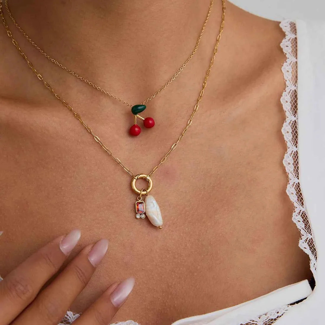 Cherry Pendant Necklace Stainless Steel Red Drip Oil