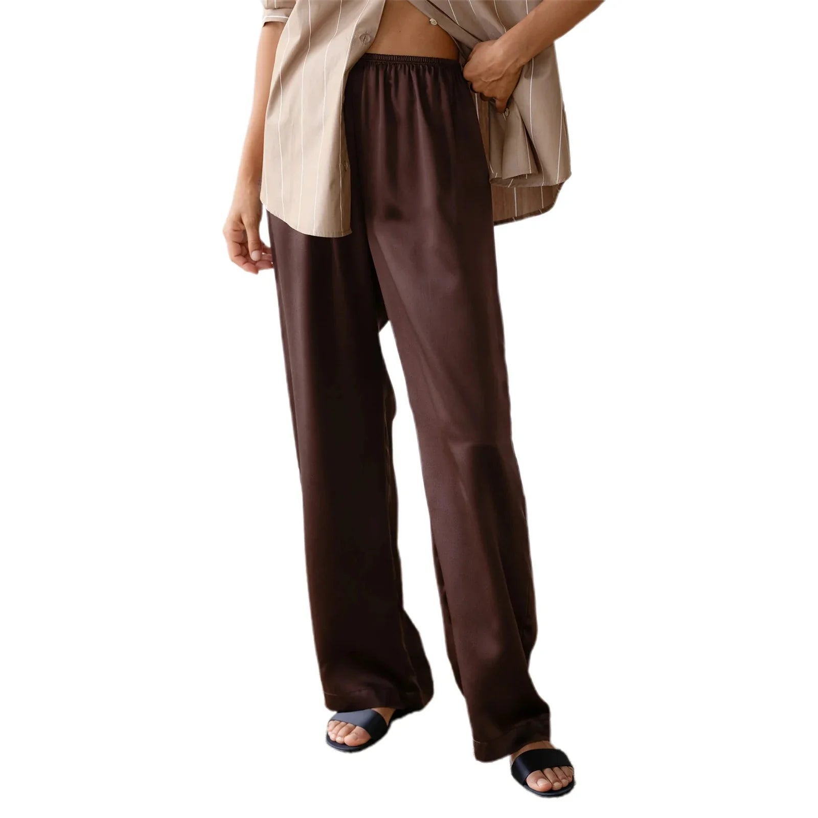 Chic Satin Wide Leg Dress Pants Women’s - Brown / L