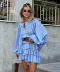 Chic Single Breasted Layered Ruffle Mini Dress - BLUE / L