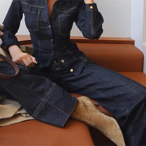 Chic Women’s Vintage Denim Set Single Breasted Lapel Jacket - M / Pants - Other
