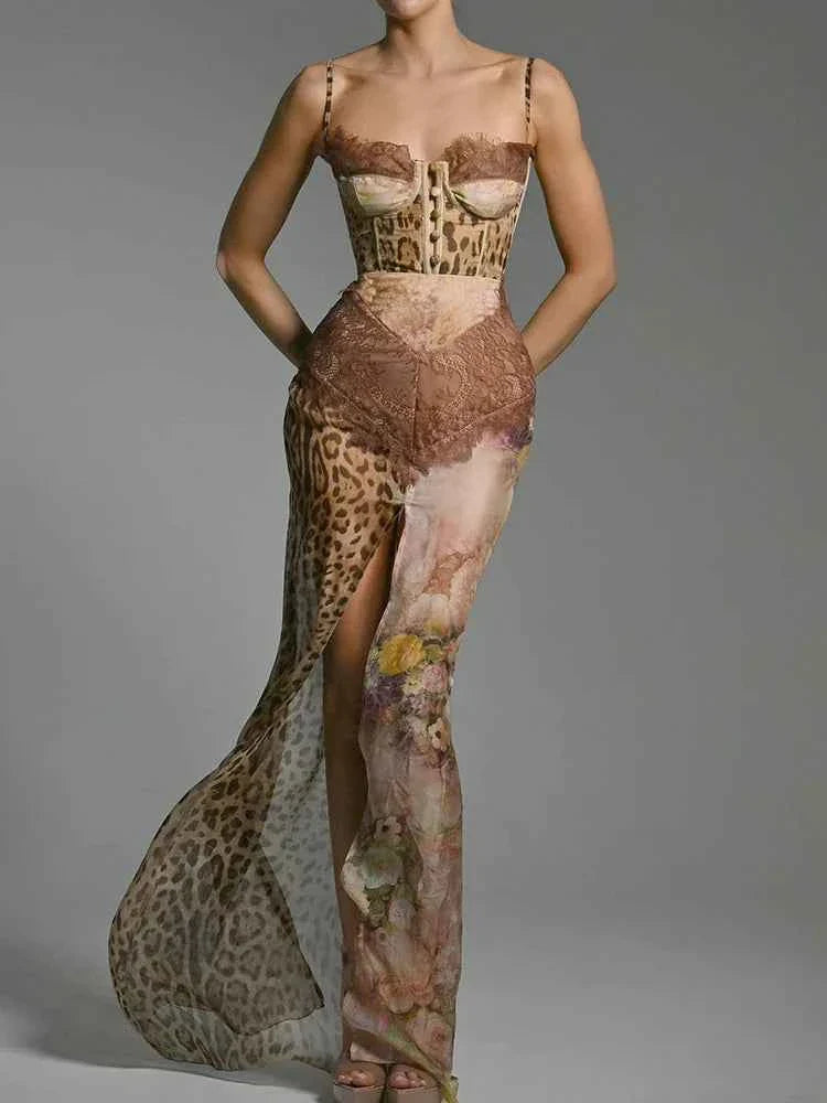 Chiffon Print Leopard High Slit Baroque Women Dress