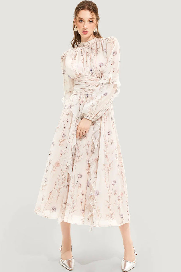 Chiffon Printed Ruffled Long Sleeve Dress - Apricot Pink / L - Other