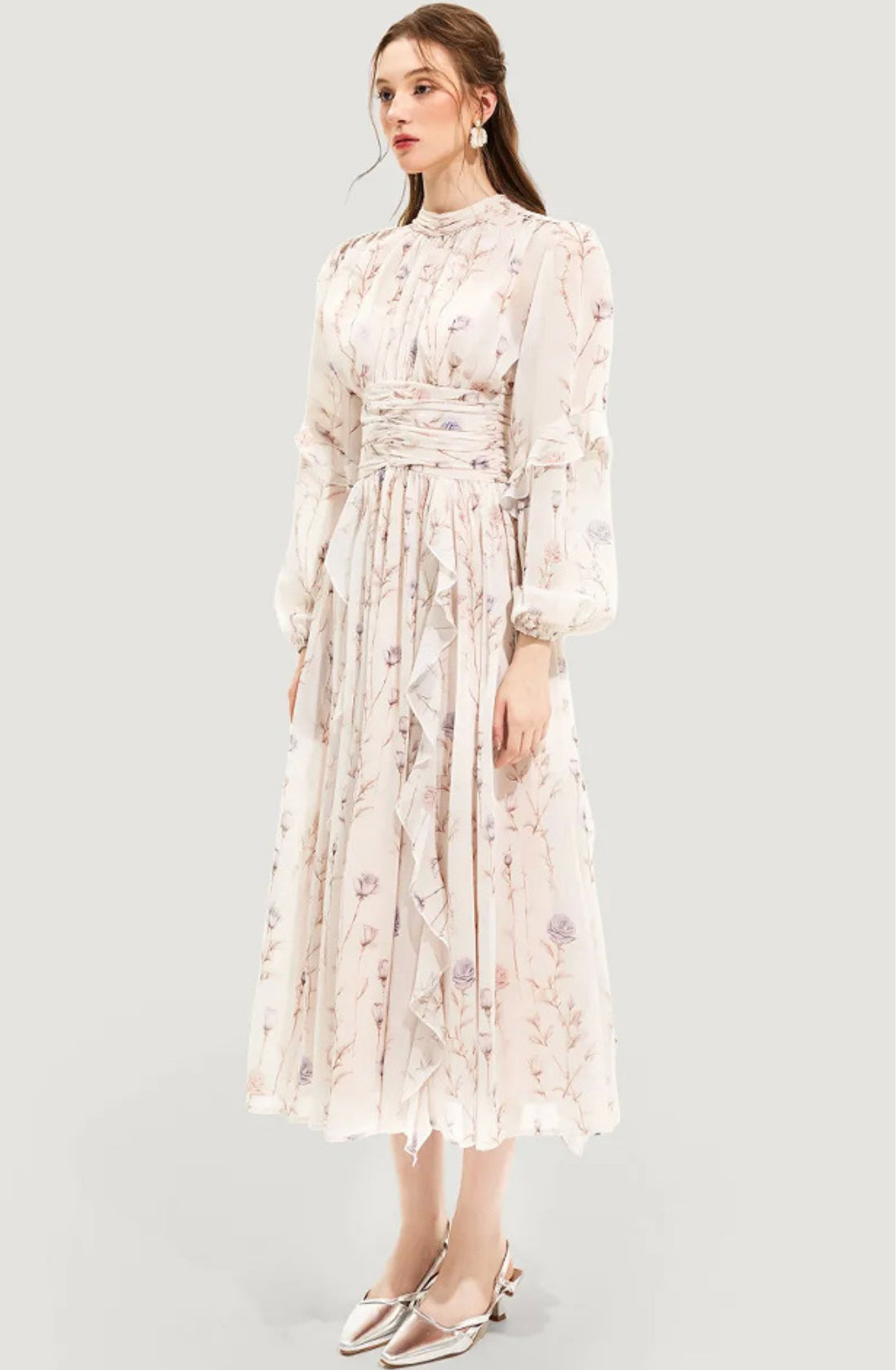 Chiffon Printed Ruffled Long Sleeve Dress - Apricot Pink / L - Other