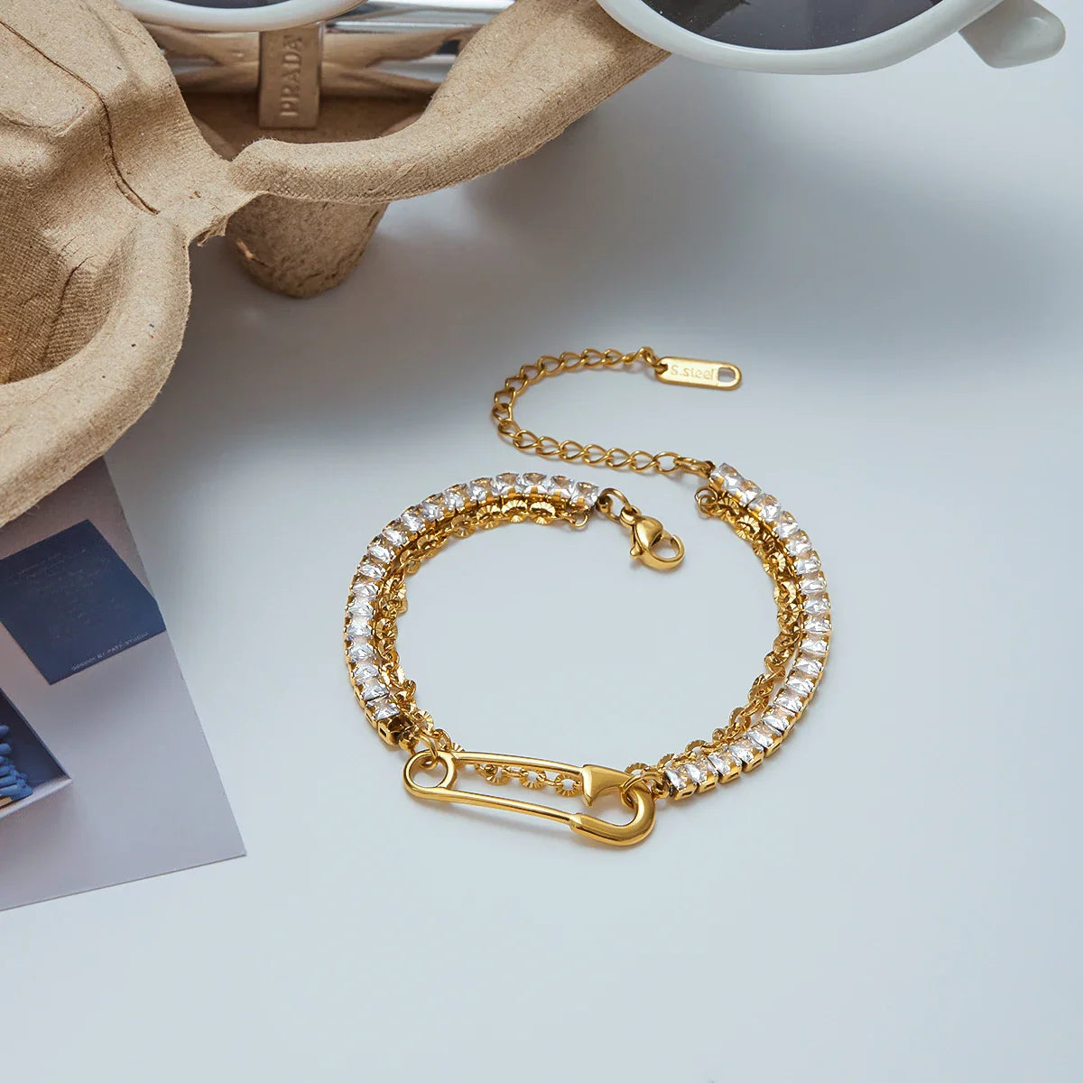 Classic Square White Zircon Bracelet Paper Clip Double layer Stainless Steel