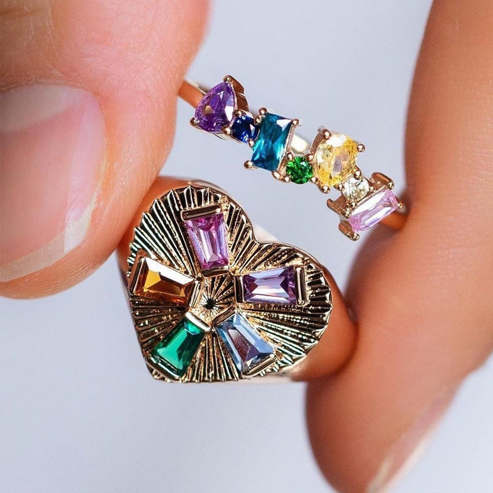 Colorful Crystals Oil Drop Peach Heart Crystal Ring - Color Rhinestone Love R292 - electronic accessories