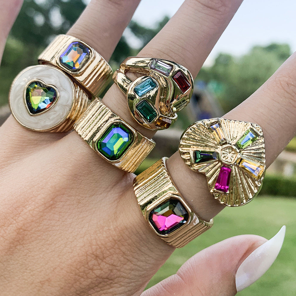 Colorful Crystals Oil Drop Peach Heart Crystal Ring - electronic accessories