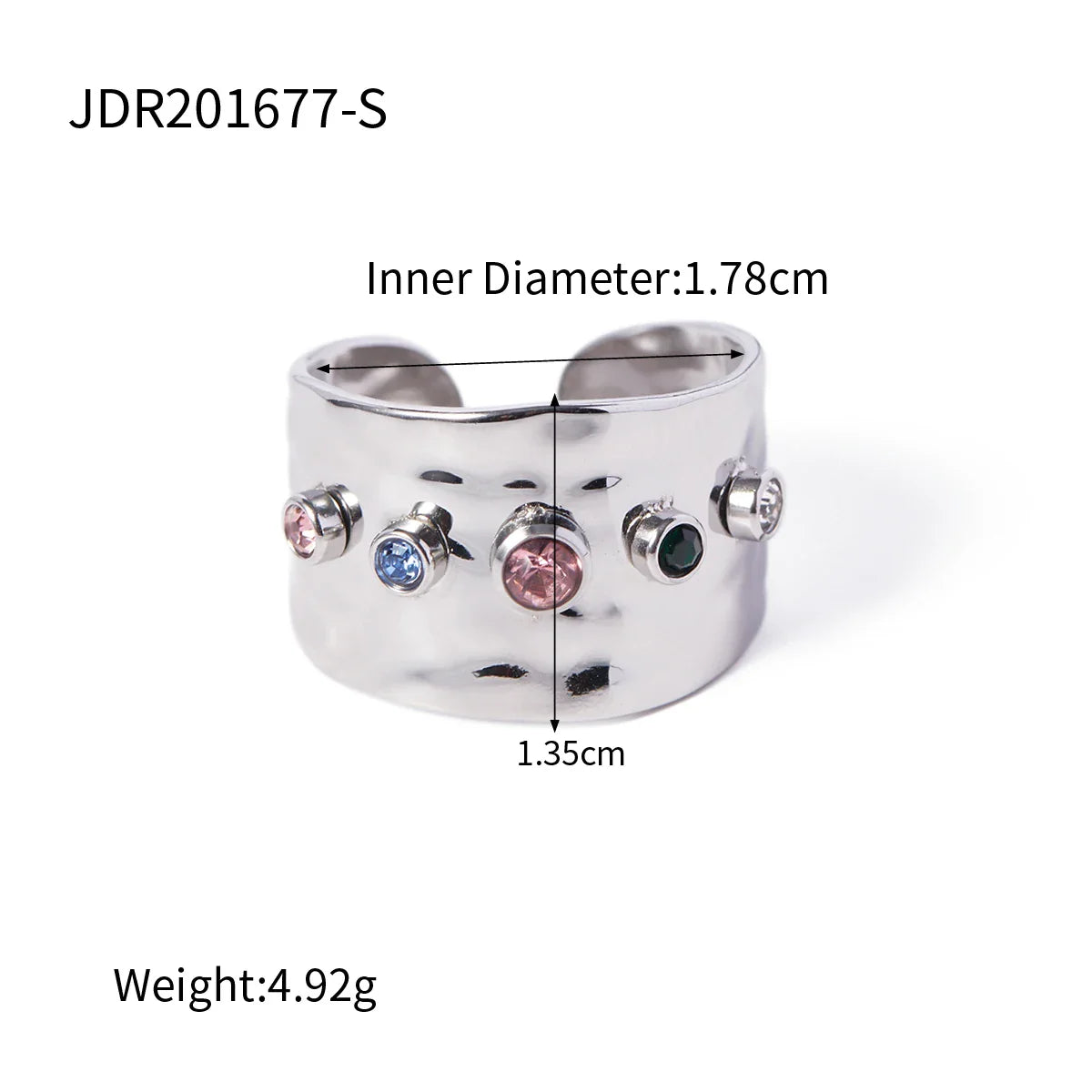 Colorful Cubic Zircon CZ Stone Crystal Wide Stainless Steel Waterproof Ring - JDR201677-S / resizable