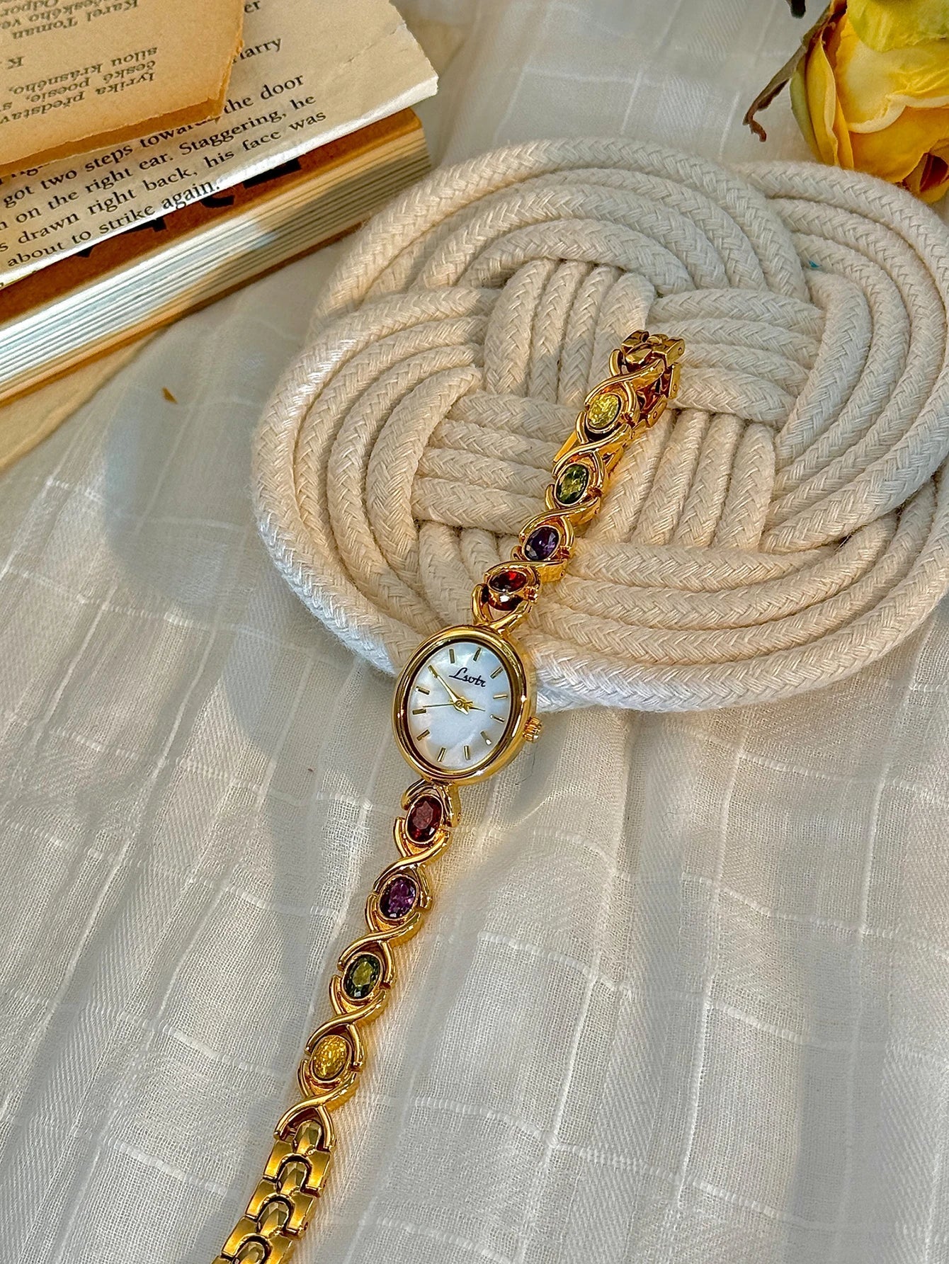 Colorfuled Tourmaline Gem Rhinestone Retro Elegant Fashion Women’s Watch Oval Mother-Of-Pearl Dial - Gold