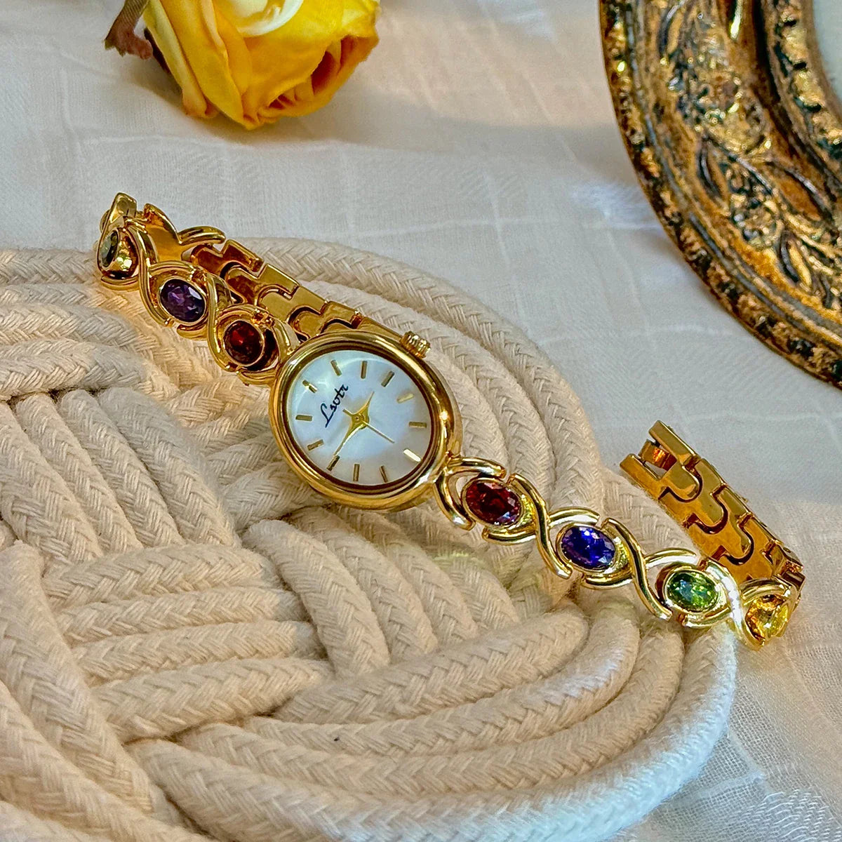 Colorfuled Tourmaline Gem Rhinestone Retro Elegant Fashion Women’s Watch Oval Mother-Of-Pearl Dial - Gold