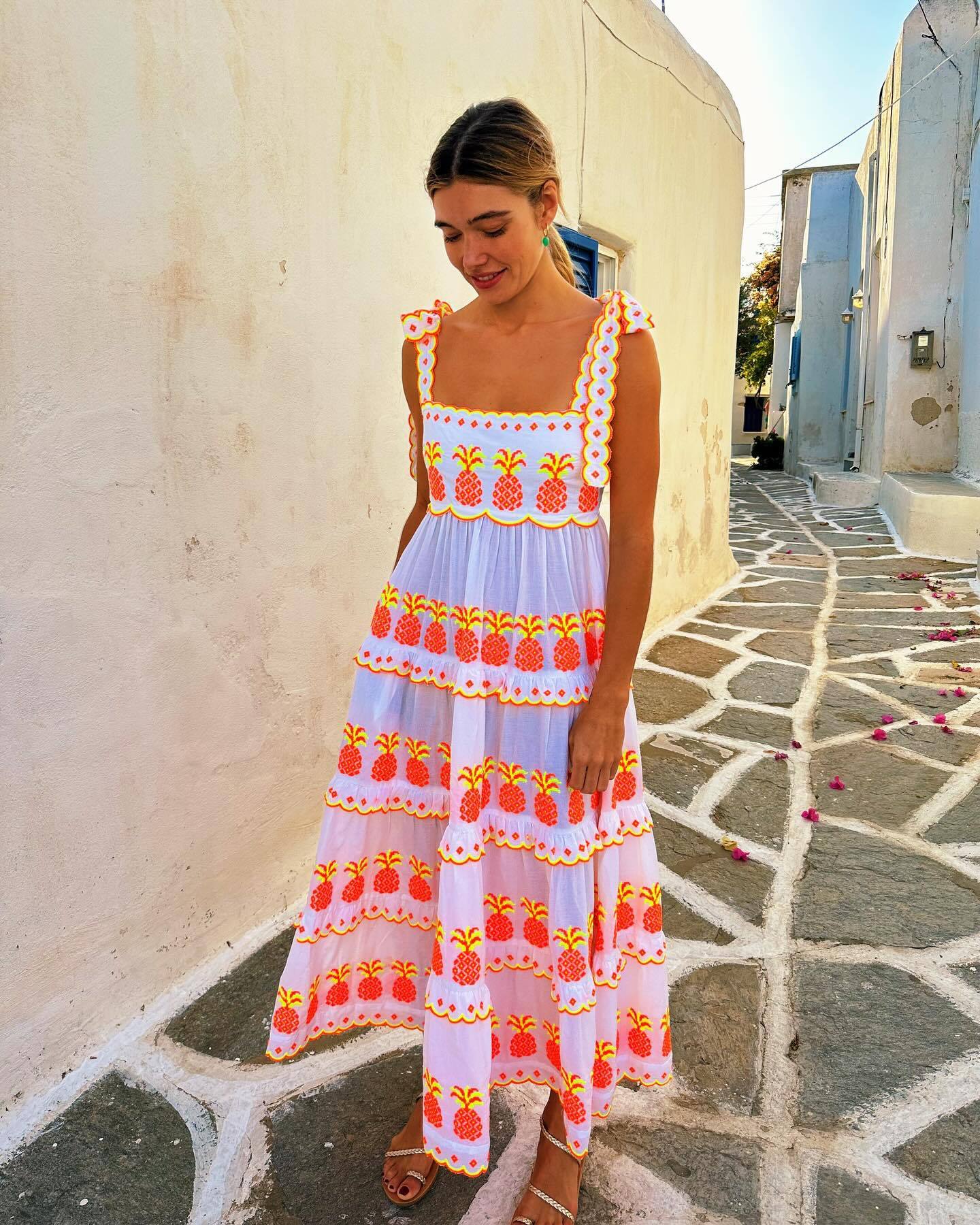 Contrast Color Cake Lace Printing Dress - Orange Red / L - Other