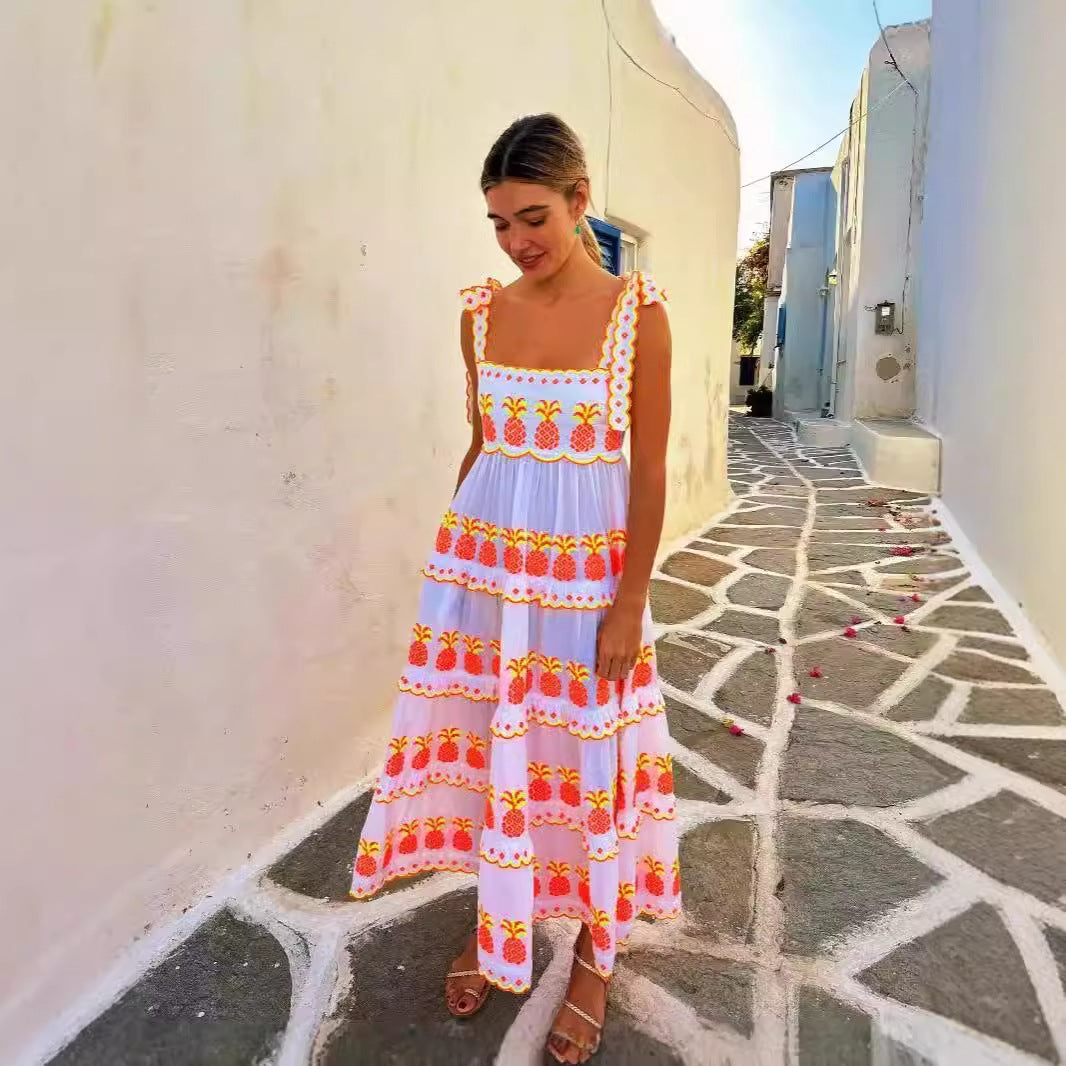 Contrast Color Cake Lace Printing Dress - Other