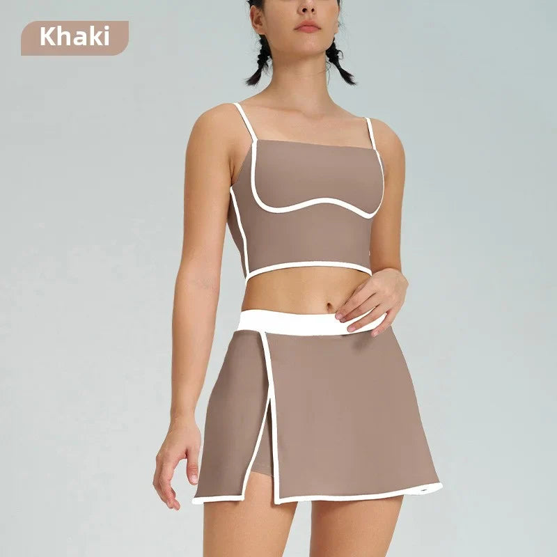Contrast Color Fast-drying Sports Vest Women’s Fitness High Elastic Yoga Clothes - Khaki-suit / L