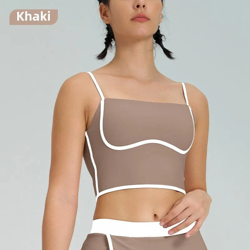 Contrast Color Fast-drying Sports Vest Women’s Fitness High Elastic Yoga Clothes - Khaki-top / L
