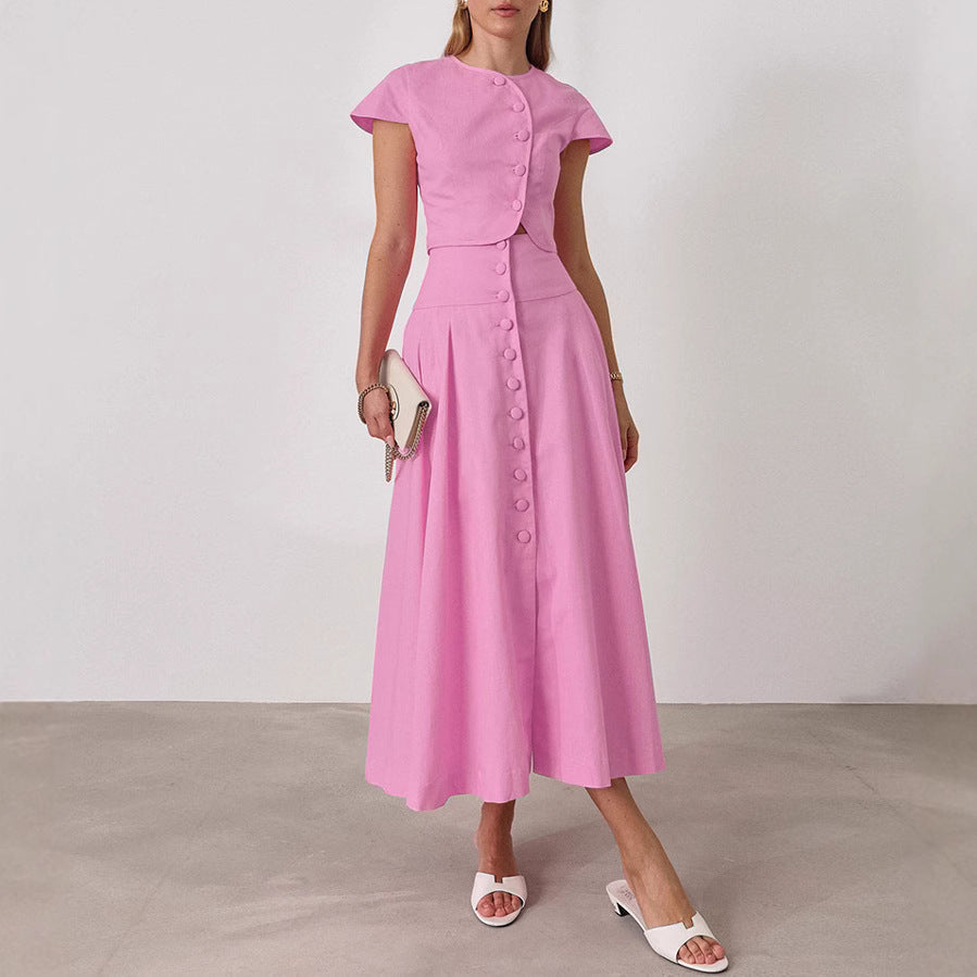 Cotton High Waist V-neck Dress Suit - Other