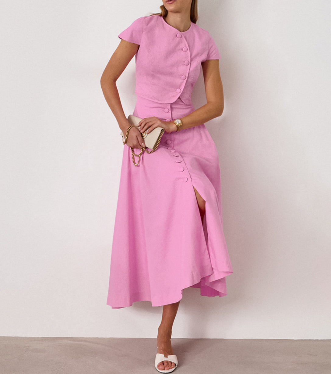 Cotton High Waist V-neck Dress Suit - Other