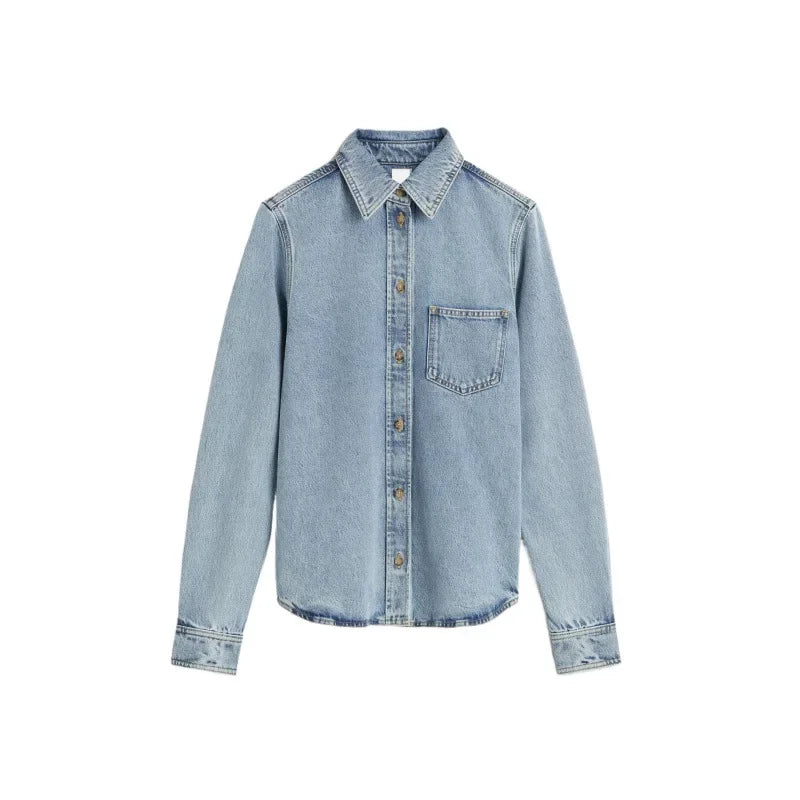 Cotton Jeans Set for Women Casual Versatile Long Sleeve Shirt High Waist Straight Leg Pants - Light Blue / S