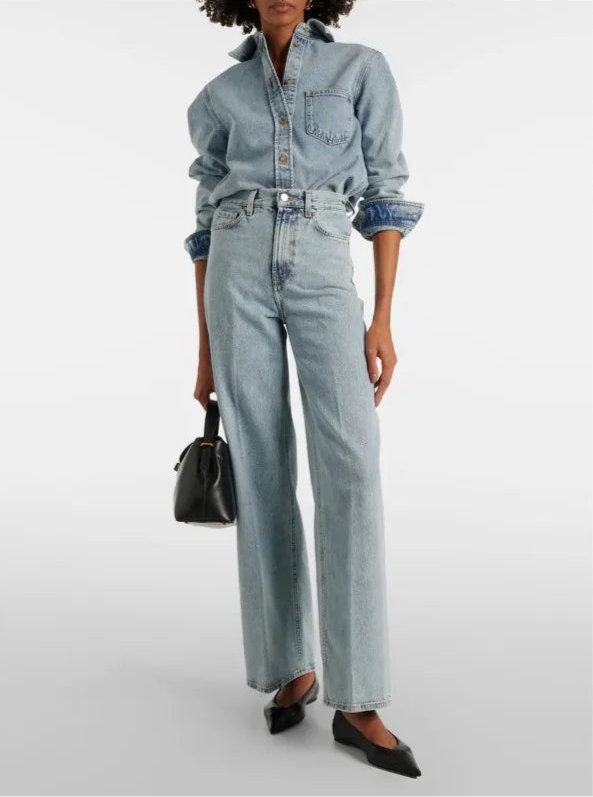 Cotton Jeans Set for Women Casual Versatile Long Sleeve Shirt High Waist Straight Leg Pants