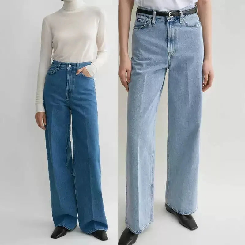 Cotton Jeans Set for Women Casual Versatile Long Sleeve Shirt High Waist Straight Leg Pants