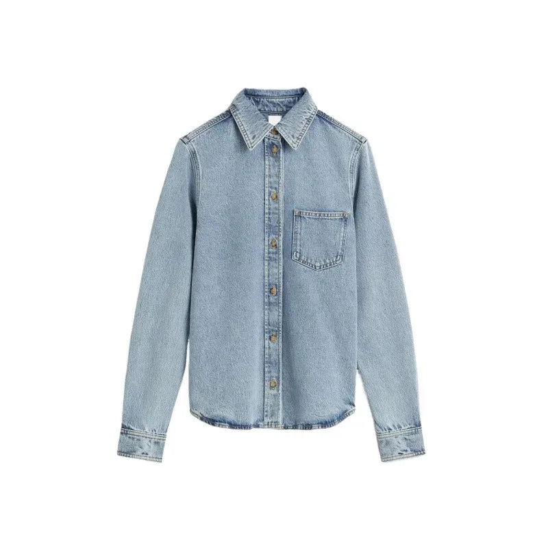 Cotton Jeans Set for Women Casual Versatile Long Sleeve Shirt High Waist Straight Leg Pants