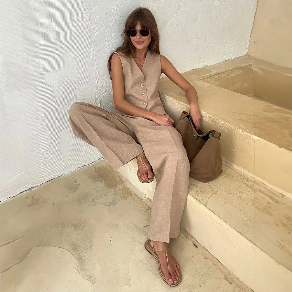 Cotton Linen Blend Vest Wide Leg Pants Suit