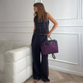 Cotton Linen Blend Vest Wide Leg Pants Suit - Black / M