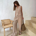 Cotton Linen Blend Vest Wide Leg Pants Suit - Khaki / S