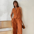 Cotton Linen Blend Vest Wide Leg Pants Suit - Orange / L