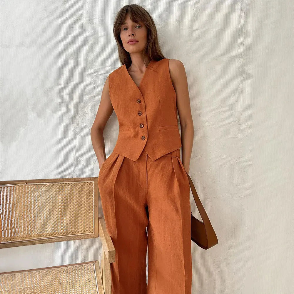 Cotton Linen Blend Vest Wide Leg Pants Suit - Orange / L