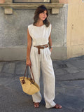 Cotton Linen Vest Pants Set Women - Apricot / M