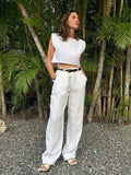Cotton Linen Vest Pants Set Women - White / L