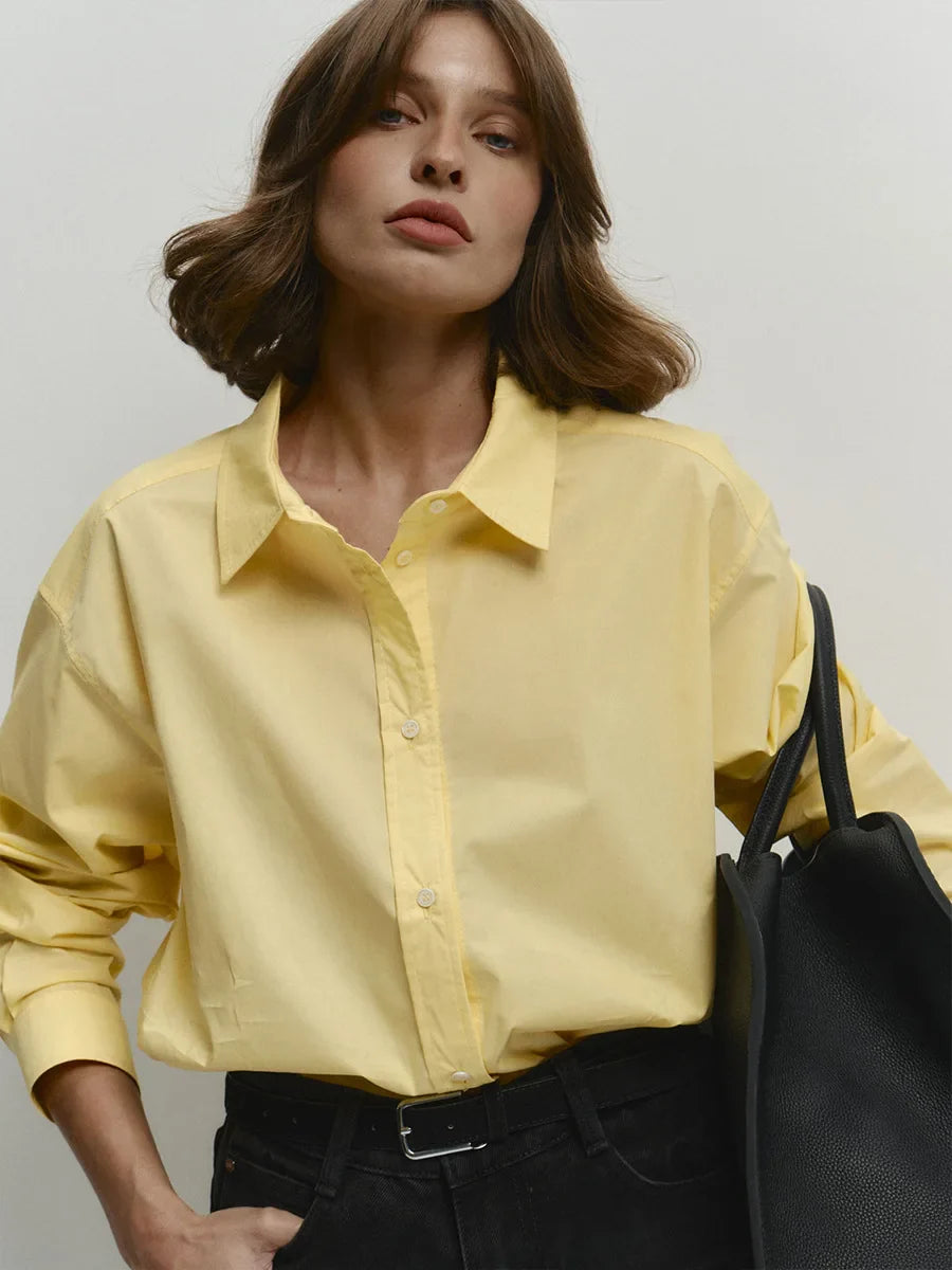 Cotton Solid Color Long Sleeved Shirt - Yellow / M