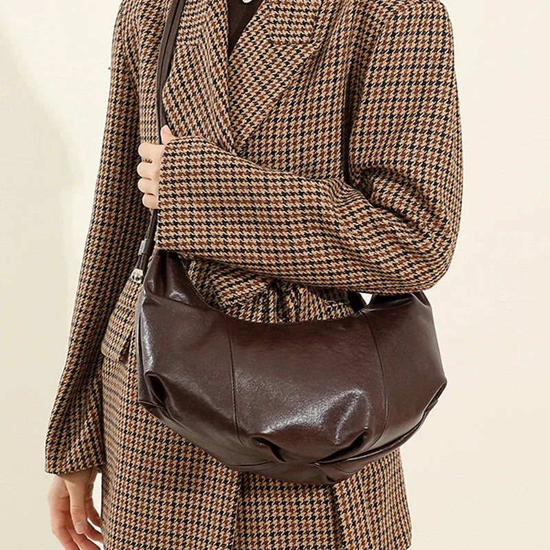 Cowhide Genuine Leather Half Moon Shoulder Bag